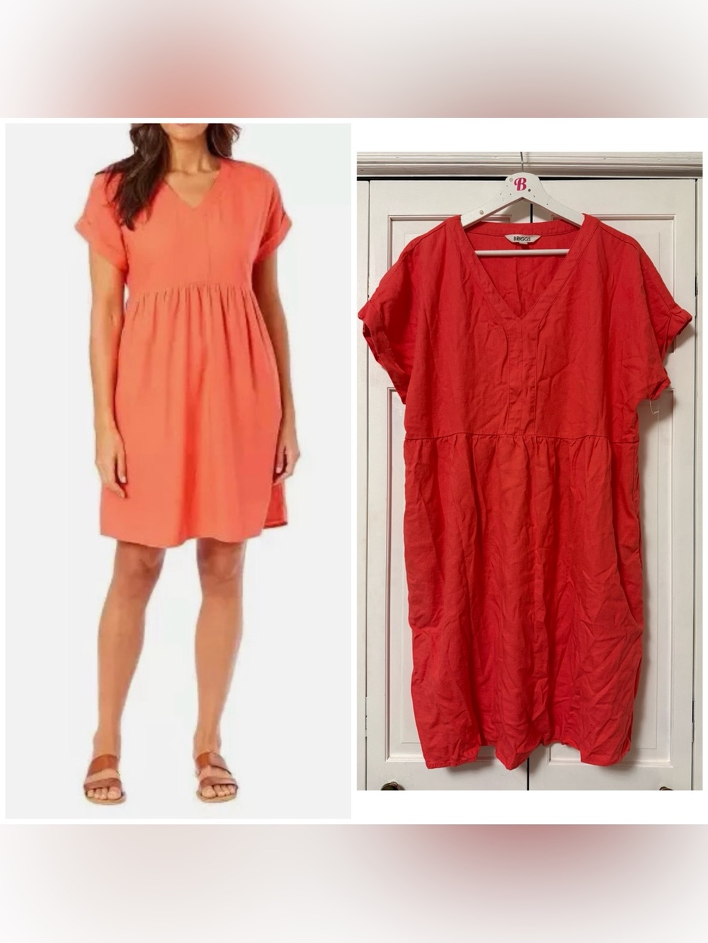 NWOT Briggs V-Neck Short Sleeve Dress Coral Knee Linen Blend Beach Coastal